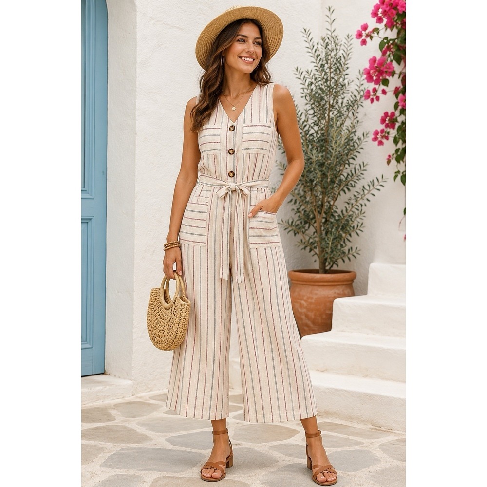 Monteau Los Angeles Linen Blend Sleeveless Jumpsuit Women's M Stripe Crop Romper